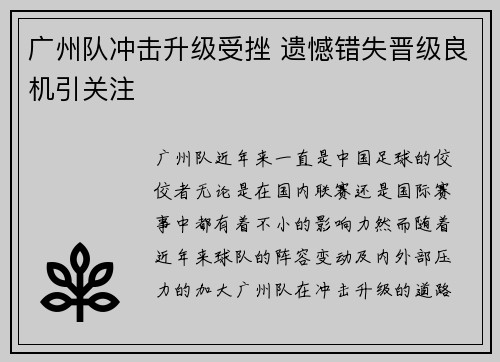 广州队冲击升级受挫 遗憾错失晋级良机引关注